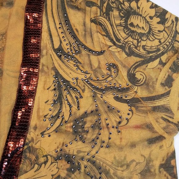 Daytrip Thin Knit Open Cardigan Sweater Size L Yellow Sequin Collar Studded - Picture 4 of 8